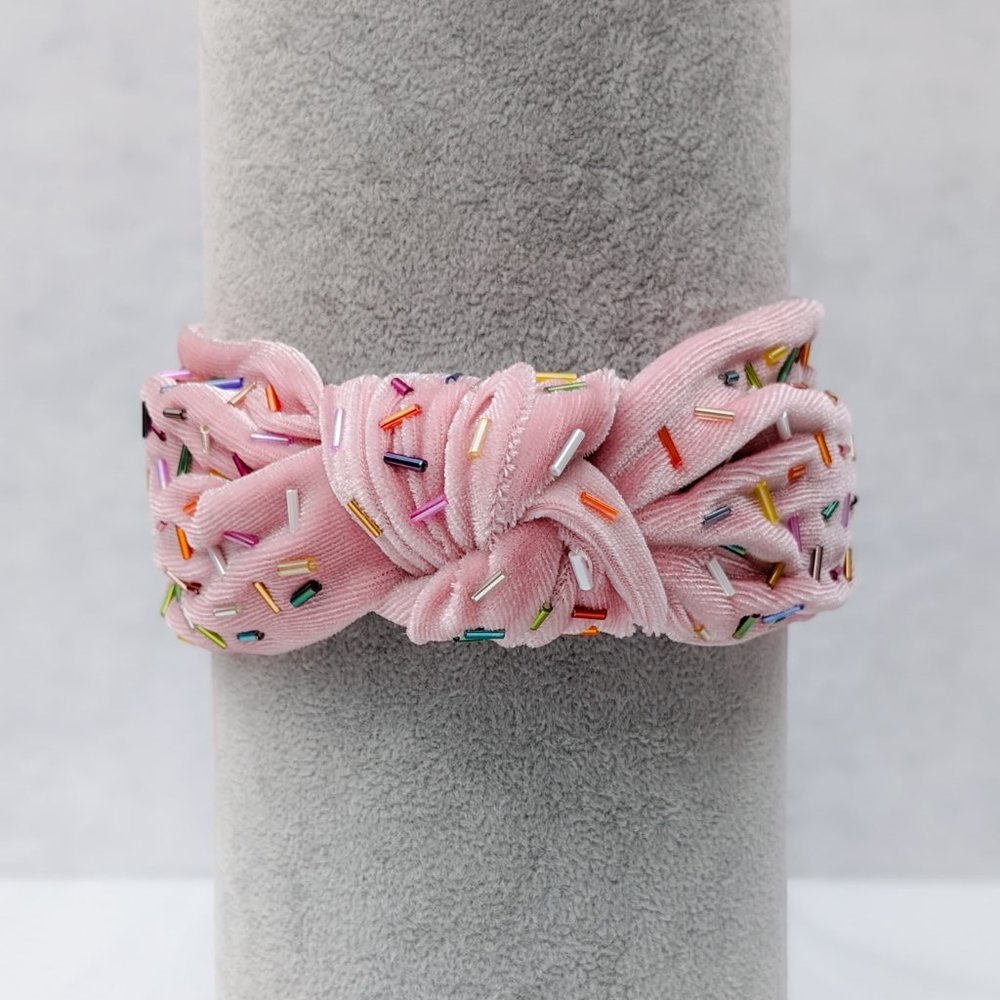 Pink Velvet Knot Headband with Sprinkles Rainbow Confetti Beading - Picture 7 of 11